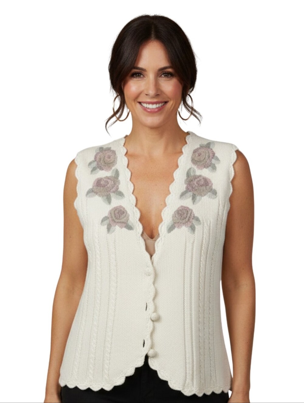 Jantzen Cream Knit Sleeveless Vest with Pink Rose Embroidery